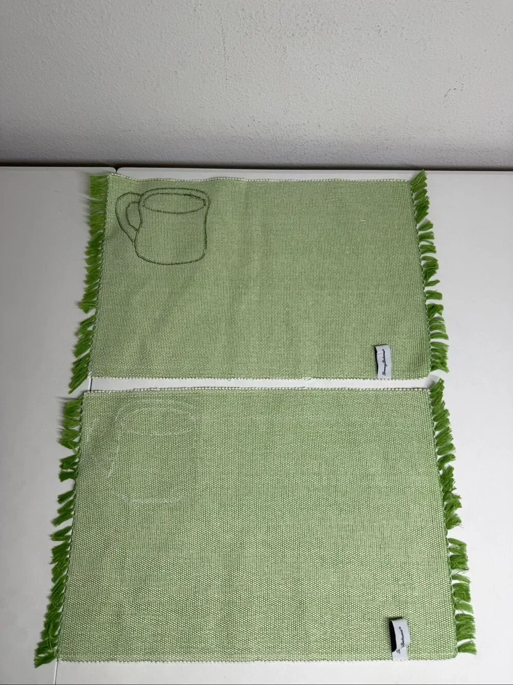 Rare Tommy Bahama Christmas Gnome Mug Placemats Set of 2 Green Fringe Table Mats